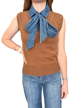 Denim Tie Neck Sleeveless Knit Top