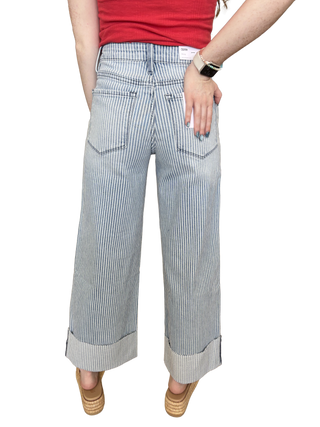 High Rise Cuffed Striped Crop Wide Jeans