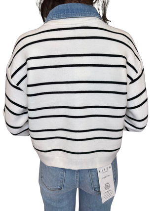 Striped Contrast Denim Collar Sweater Top
