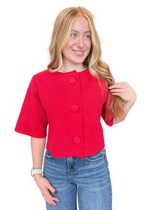 Solid short sleeve sweater jacket with button closure at front