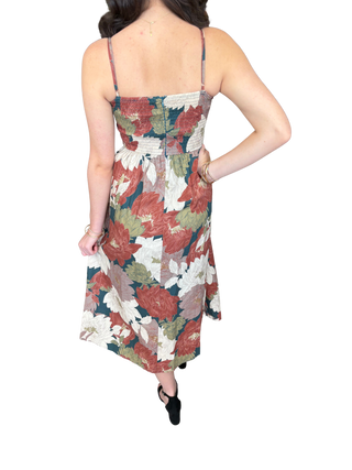 Floral sleeveless midi dress featuring a straight neckline