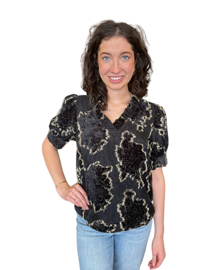 Ruffled V-Neck Textured Burnout Velvet Top