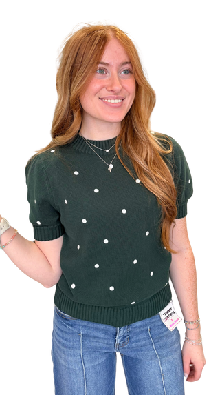 Round Neck Puff Short Sleeve "Polka Dot" Embroidered Sweater