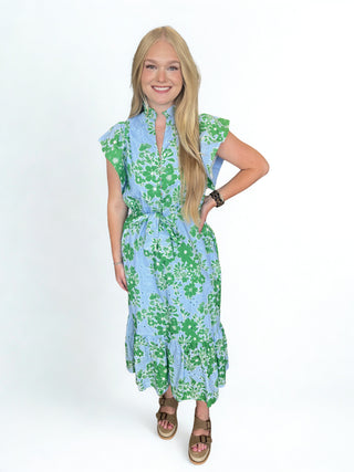 Floral print flutter sleeve midi dress featuring split V-neck