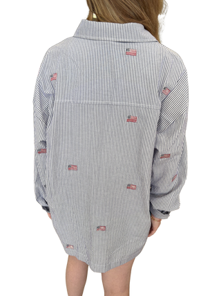 Striped Flag Embroidered Oversized Button Down Shirt