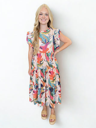 Bright Floral Ruffle Detail Midi Dress