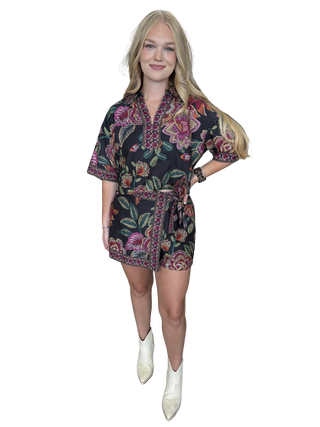 Black Botanical print wrap front skort featuring side tie detail