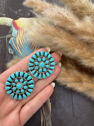 GENUINE TURQUOISE INDIAN LARGE CLUSTER EARRING