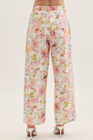 Botanical print wide leg pants featuring front patch pockets