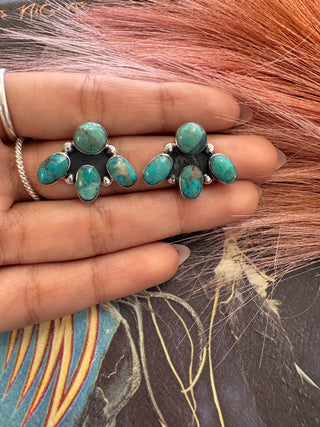 Large Half Cluster Genuine Turquoise Post Earrings