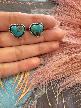Genuine Turquoise Heart Stud Earrings