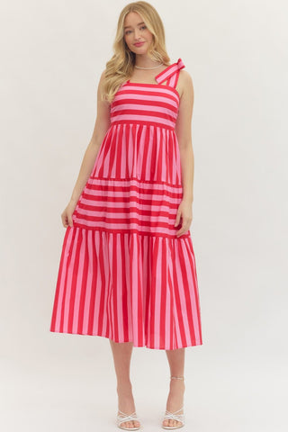 Striped sleeveless midi dress featuring bow shoulder straps