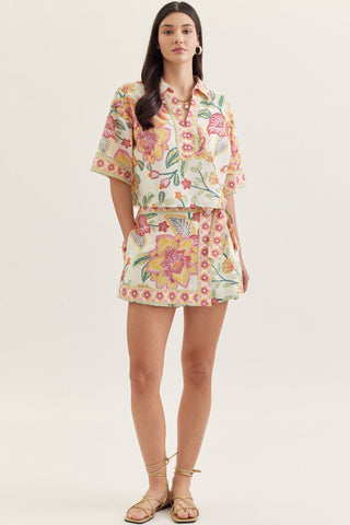 Botanical print wrap front skort featuring side tie detail