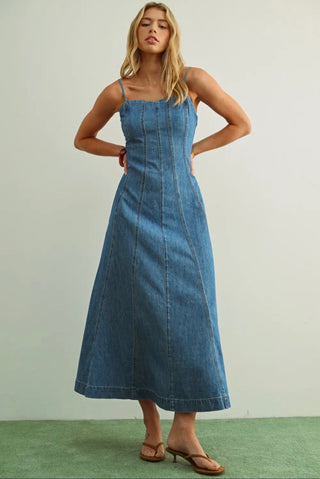 Washed Denim Paneleded Maxi Dress