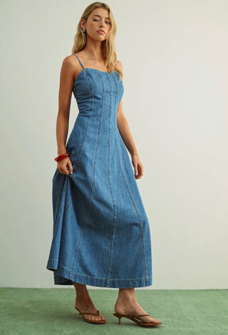 Washed Denim Paneleded Maxi Dress