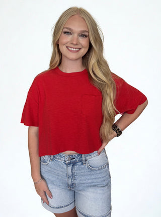 Boxy Crew Neck Top With Pocket