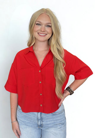 Red Button-up Collared Short Sleeve Shirt