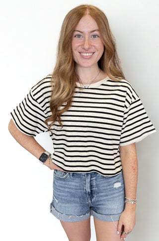 Striped Oversized Short Sleeve Cropped Tee