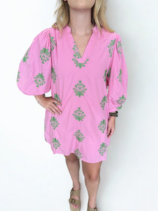 Embroidered 3/4 puff sleeve mini dress featuring V-neck