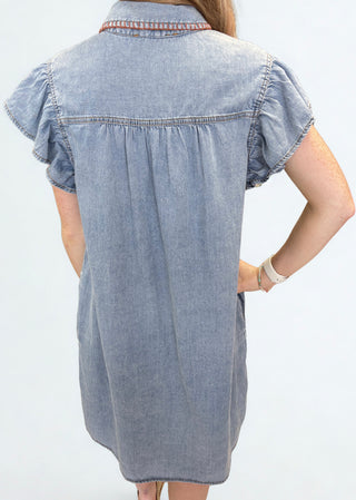 Denim Whipstich Trim Flutter Sleeve Mini Dress