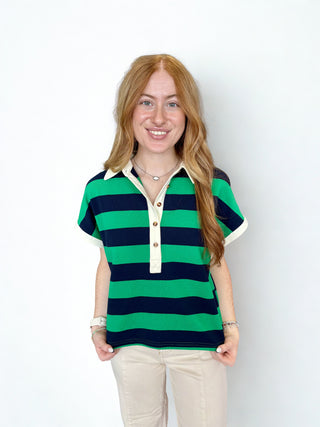 Green & Navy Striped cuffed cap sleeve top featuring contrast collar
