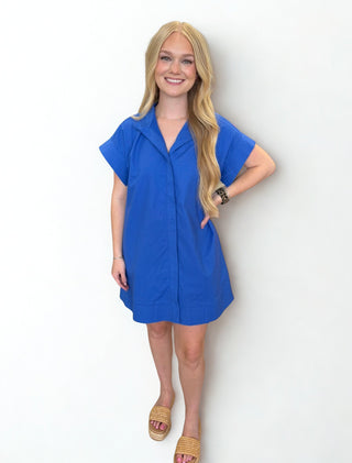 Royal Blue Solid short sleeve mini dress featuring hidden button placket