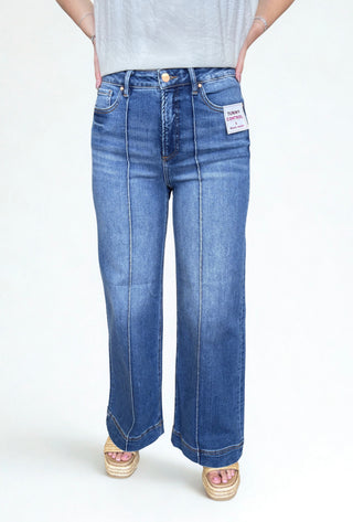 Tummy Control High Rise Ankle Wide Front Pintuck Jeans