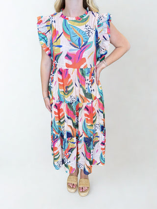 Bright Floral Ruffle Detail Midi Dress