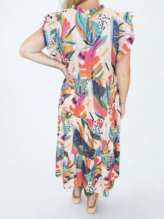 Bright Floral Ruffle Detail Midi Dress