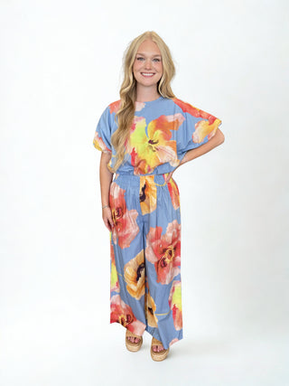 Round Neck Elastic Waist Flower Print Balloon Crop Blouse