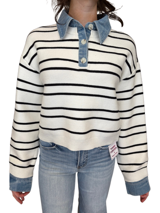 Striped Contrast Denim Collar Sweater Top