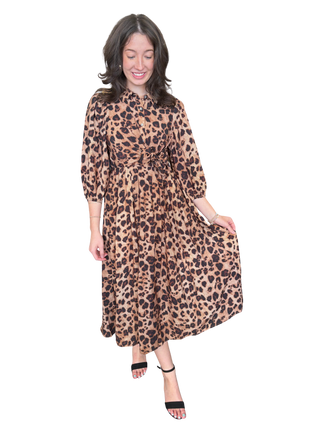 Leopard print ¾ balloon sleeve midi dress
