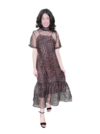 Leopard print short sleeve midi dress featuring scarf tie at back neck