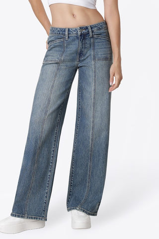Mid Rise Patch'd Wide With Seam Denim Jeans