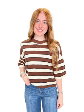 Stripe short sleeve knit top featuring a round neckline