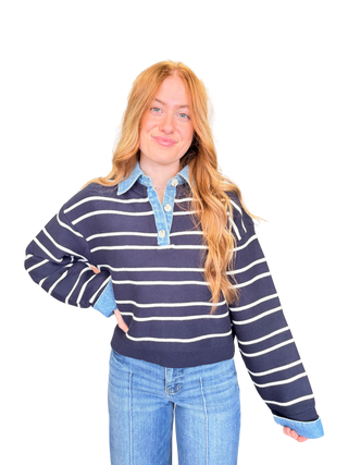 Striped Contrast Denim Collar Sweater Top