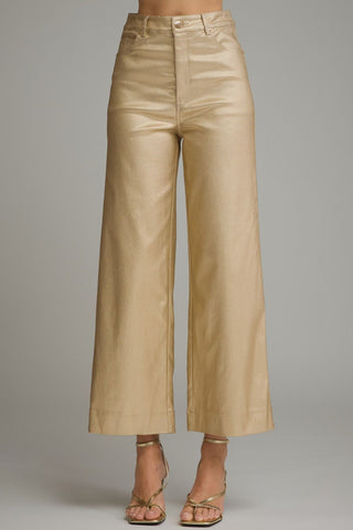 Solid metallic wide leg pants with belt loops and zip-fly button front closure