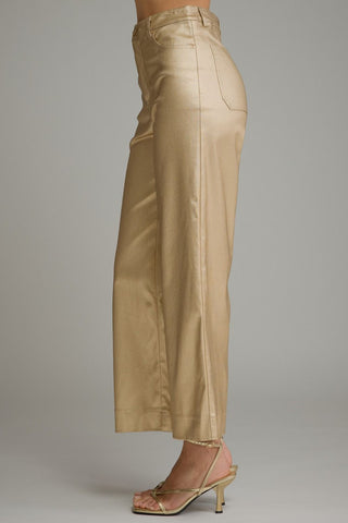 Solid metallic wide leg pants with belt loops and zip-fly button front closure