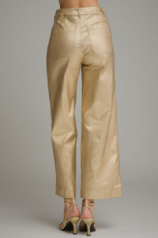 Solid metallic wide leg pants with belt loops and zip-fly button front closure
