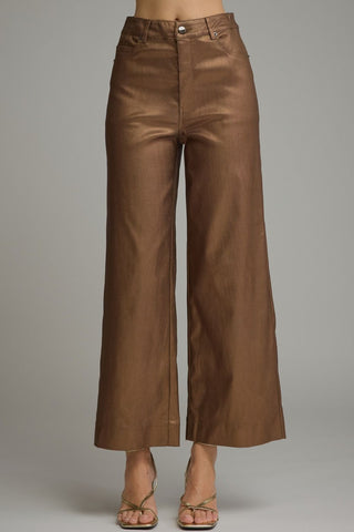 Solid metallic wide leg pants with belt loops and zip-fly button front closure