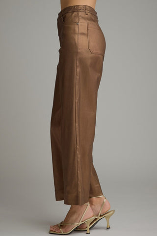 Solid metallic wide leg pants with belt loops and zip-fly button front closure