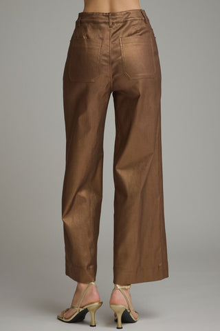 Solid metallic wide leg pants with belt loops and zip-fly button front closure