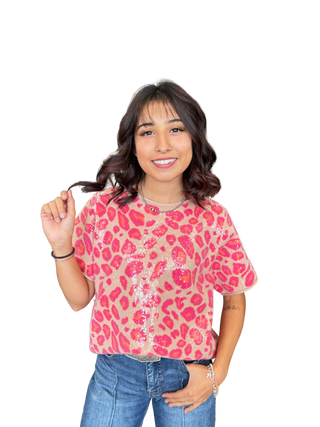 Rolled Edge Detail Sequins Covered Leopard Sweater