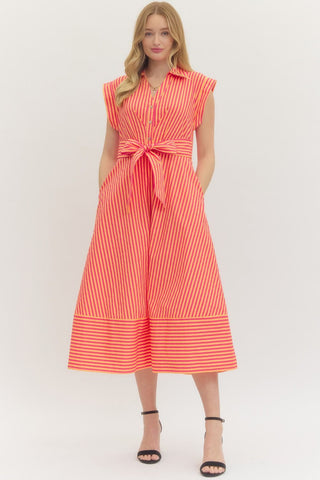 Striped cap sleeve midi dress featuring V-neck with self-tie detail at front