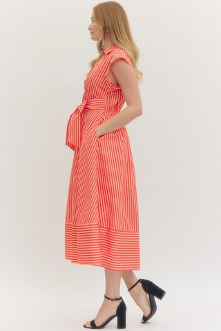 Striped cap sleeve midi dress featuring V-neck with self-tie detail at front