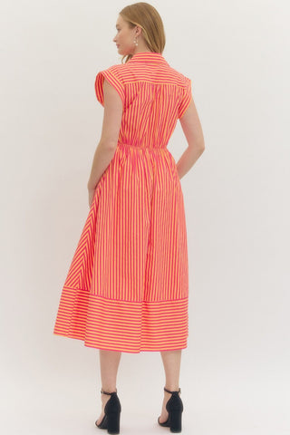 Striped cap sleeve midi dress featuring V-neck with self-tie detail at front