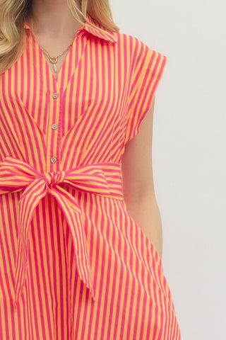 Striped cap sleeve midi dress featuring V-neck with self-tie detail at front