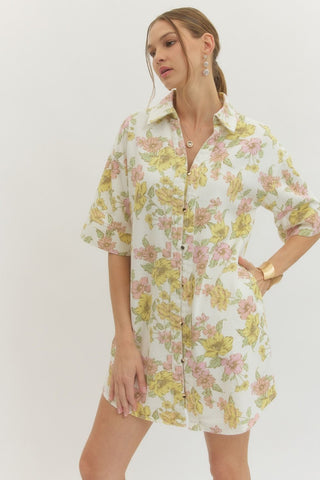 Floral print half sleeve mini shirt dress featuring collared neckline