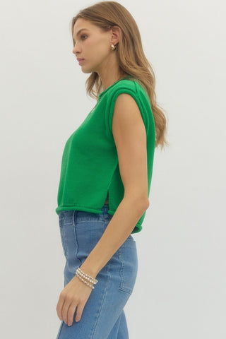 Solid cap sleeve knit top featuring rolled edge