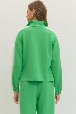 Solid long sleeve knit top featuring contrast collar and contrast stripe detail